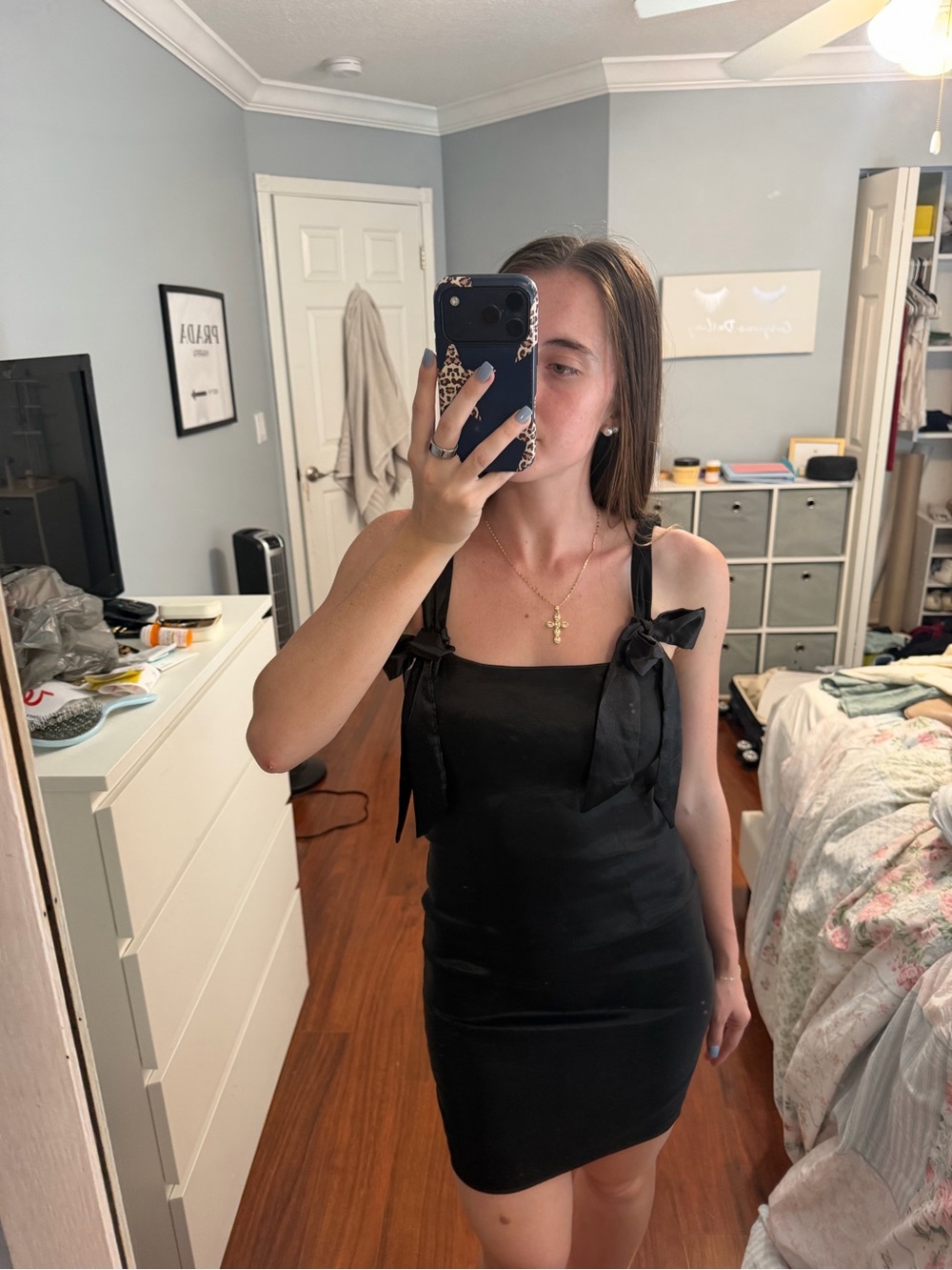 Black Tie-Shoulder Mini Dress